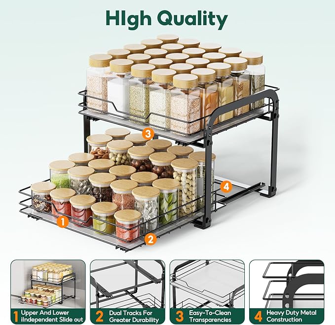 Spice Rack Organizer for Cabinet - 2-Tier Vertical Pull Out Spice Rack, Heavy Duty Metal Spice Shelf with Easy to Install Design, Fits Countertop, Cabinet & Pantry
