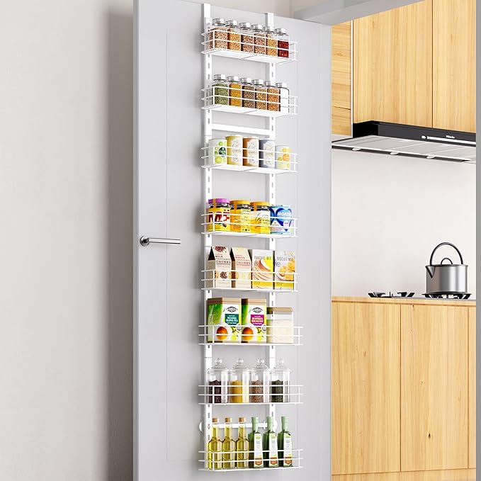 Pantry Door Organizer 12 Inch Wide, 8 Tier Hanging Adjustable Over the Door Spice Rack For Narrow Space,Matt White
