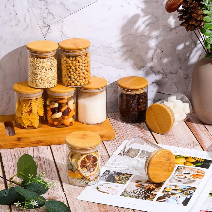 Zubebe 32 Pieces 7 oz Glass Spice Jars with Bamboo Lids and Labels, Large Clear Spice Containers with 660 Spice Labels Airtight Canisters Sets for Kitchen Seasoning Jars Storage Herbal Teas, Coffee
