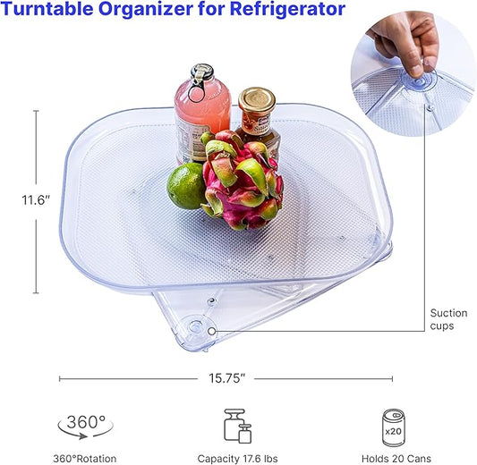 Lazy Susan Turntable Organizer for Refrigerator, Fridge, Storage, Cabinet & Countertop – Rectangular 360-degree Rotation Tray for Kitchen – 15.75 inch, Clear