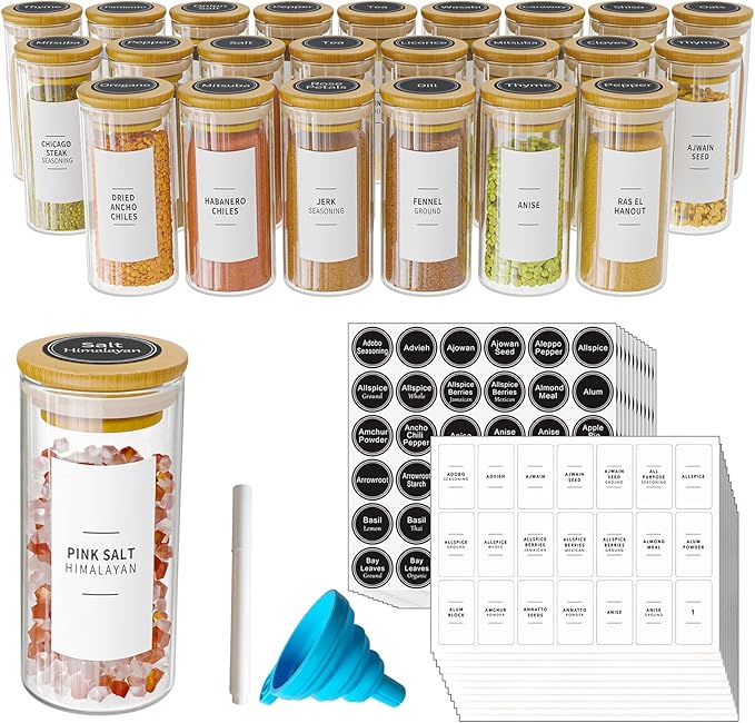 SpaceAid 24 Pcs Spice Jars with Bamboo Lids and Labels, Empty 4oz Glass Bottles, Minimalist Farmhouse Stickers with Funnel, Seasoning Containers for Spice Rack, Cabinet and Drawer