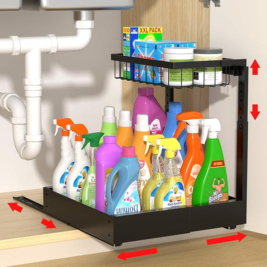 Expandable Under Sink Organizer and Storage, 2-Tier Adjustable Pull-Out Cabinet Organizers, Slide-Out Shelf with Width (9.9"-15.7") & Height (11.6"-15.6") for Kitchen & Bathroom