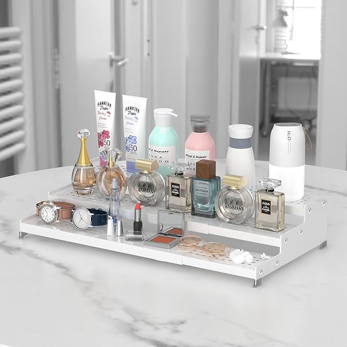 Spice Rack Organizer for Cabinet, 3 Tier Expandable Shelf, Great for Kitchen Cabinets, Cupboard,Pantry and More,Metal Plate with Hole (2 Packs/White,9.45" D x 12.8"~24“L x 3.56" H)