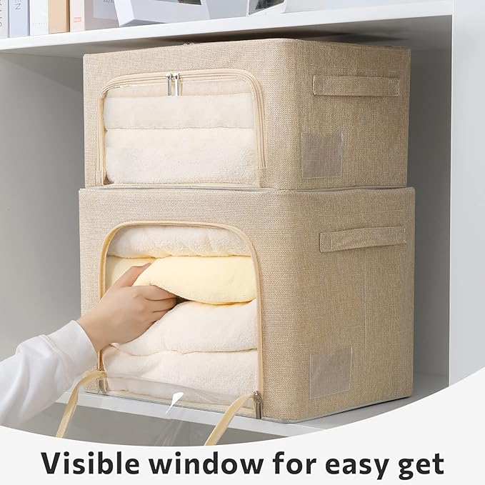 2 Pack Clear Window Storage Bins Foldable Fabric Storage Bins Boxes for Clothes Stackable Box Organizer Set with Carrying Handles (Beige, 22L,15.7x 11.8x 7.8 Inch)