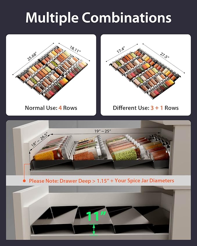 IIIOIIIA Upgrade Spice Organizer for Drawer, 8 Tier Stainless Steel Spice Rack Seasoning Rack Tray Insert for Kitchen Drawers/Cabinet (Jars not included), 12.84" Wide x 18.11" Deep, Black