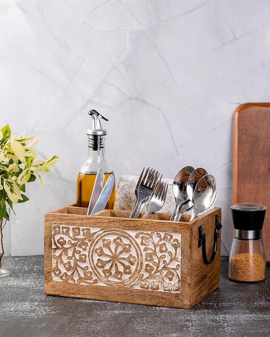 Mie Creations 4 Compartment Wooden Silverware Caddy Utensil Holder, Farmhouse Cutlery Flatware Organizer, Decorative Wood Caddy with Metal Handles for Kitchen, Buffet Party, Mothers Day Gift for Mom
