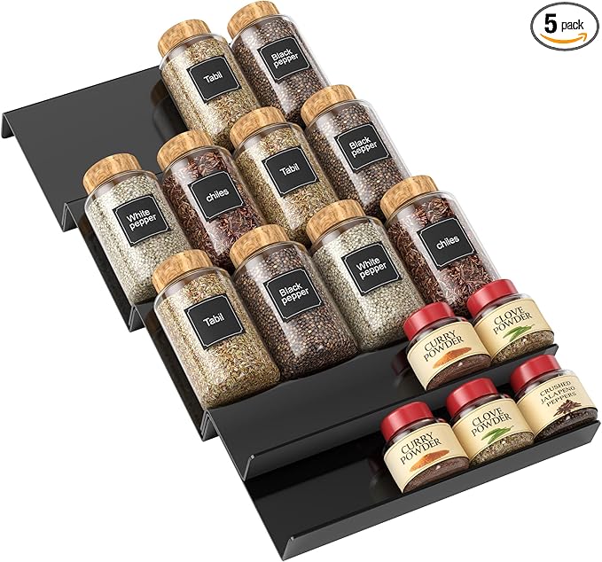 Spice Drawer Organizer Black (Jars Not Included) - 5 Tier Acrylic Seasoning Drawer Organizer - Kitchen Spice Rack for Drawer, Cabinet, Countertop - Expandable From 9'' to17.5 In''