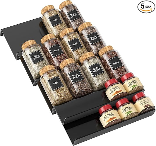 Spice Drawer Organizer Black (Jars Not Included) - 5 Tier Acrylic Seasoning Drawer Organizer - Kitchen Spice Rack for Drawer, Cabinet, Countertop - Expandable From 9'' to17.5 In''