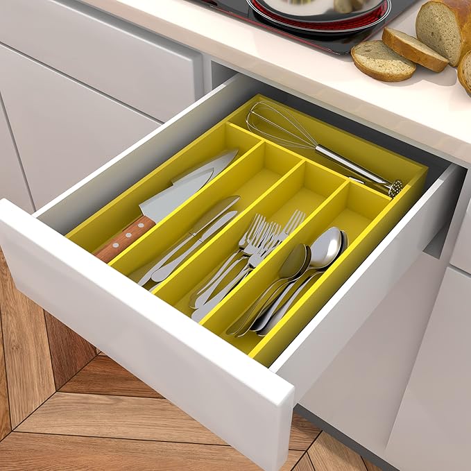 Utopia Kitchen Silverware Organizer, Bamboo Utensil Drawer Organizer for Cutlery, Utensils & Flatware (5 Compartment, Yellow) Pack of 1