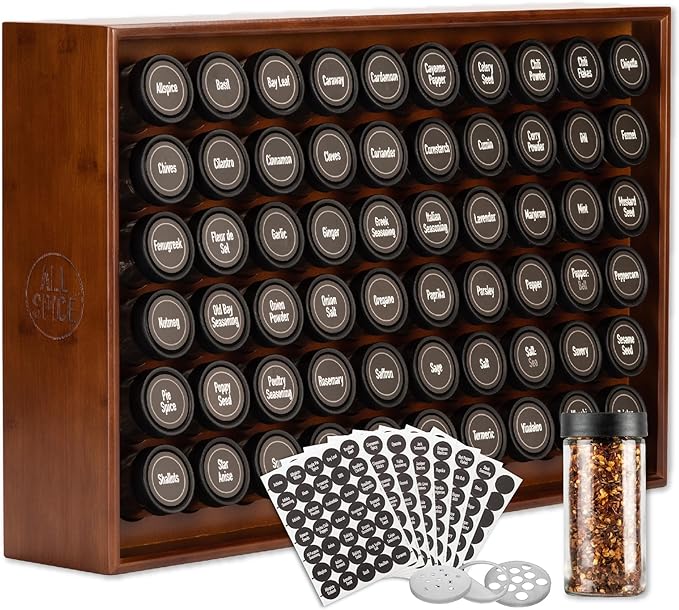 AllSpice Wood Spice Rack Organizer, 525 Unique Labels, Countertop or Wall Mount, Includes 60 4oz Jars- Walnut Stain