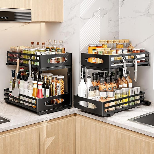 Under Sink Organizer, Pull Out Cabinet Organizers, Slide Sink Steel Shelf Cabinet Storage Shelves, Under Sink Storage for Kitchen Bathroom Cabinet (Black, 2 Pack)