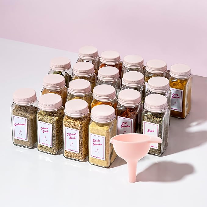 Paris Hilton Glass Spice Jar Storage Set, 4-Ounce Empty Spice Jars with Labels, Shaker Caps and Metal Lids, Collapsible Funnel Included, 20-Piece, Pink (Pack of 2)