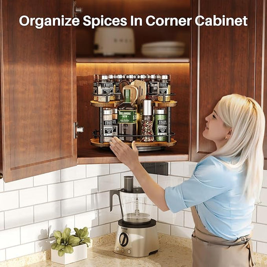 Lazy Susan Organizer Spice Rack - Height Adjustable Rotating Lazy Turntable Spice Organization for Cabinet, Pantry Kitchen Wood Revolving Seasoning Organizer, 12 inches, Black