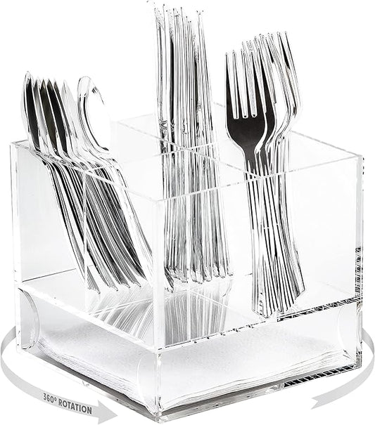 ELTOW Acrylic Swivel Silverware Caddy, Stylish Kitchen Table Organizer – Made with Clear Lucite, Holds Spoons, Forks, Knives, Straws, and Napkins