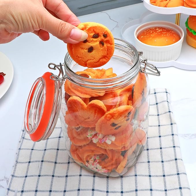 Encheng 50oz Glass Jars with Clamp Lids,Set of 4,1500ml Square Wide Mouth Mason Jars with Airtight Lids,Large Glass Storage Container with Clip Lids for Kitchen,Flour,Pasta,Beans