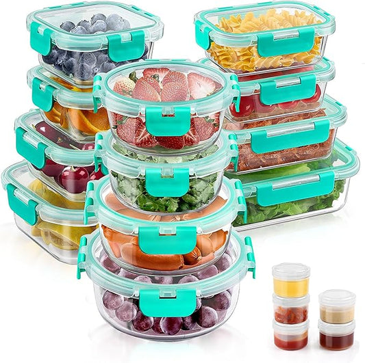 34pcs Glass Food Storage Containers with Lids Set, Airtight Glass Meal Prep Containers (17 Containers & 17 Lids), Leak Proof Lunch Containers BPA-Free, Microwave, Oven, Freezer, Dishwasher Safe-Green