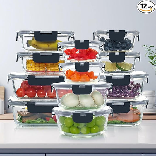 UMEIED 12 PACK Glass Food Storage Containers with Leak Proof Lids, Glass Airtight Meal Prep Containers Set for Lunch, On the Go, Leftover, Kitchen Pantry Organizers and Storage (Black)