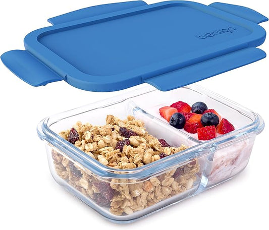 Bentgo® Glass Snack - Leak-Proof Bento-Style Snack Container with Airtight Lid and Divided 2-Compartment Design - 1.75 Cup Capacity for Meal Prepping, and Portion-Controlled Snacking (Blue)