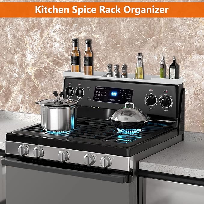 AWOKE Stove Top Shelf 30 Inch - Silicone Material Magnetic Shelf for The Stove - 3 Functional Partitions Kitchen Spice Rack Organizer - White