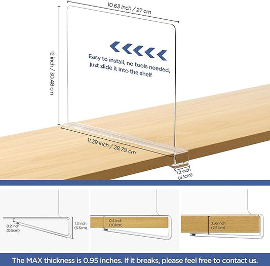 10 Pack 12 Inches [Extra Tall Version] Clear Shelf Dividers for Organization, Acrylic Closet Shelf Vertical Shelves Organizer for Bedroom, Kitchen and Office
