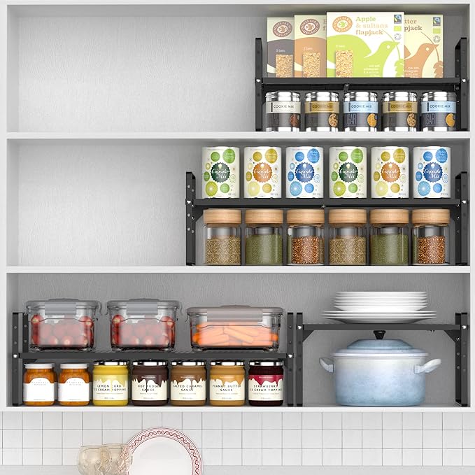 Cabinet Organizer Shelf Expandable Spice Rack Stackable Cabinet Pantry Counter Under Sink Shelves Storage Shelf Rack for Kitchen Home Office,Black,3 Packs