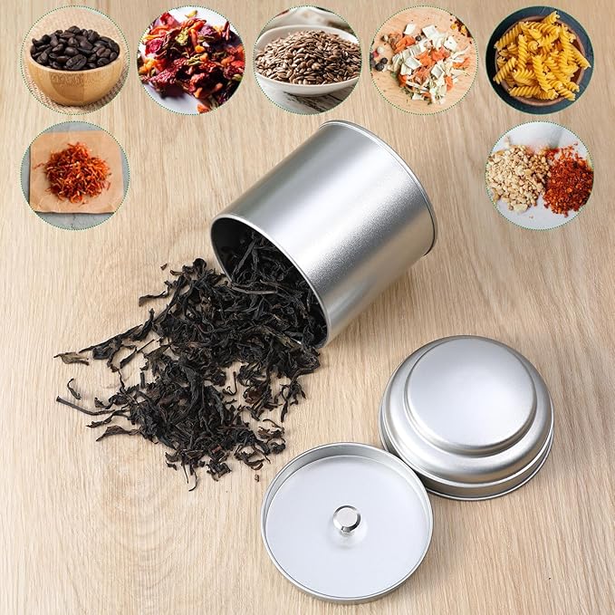 12Pcs Tea Canister Set with Airtight Double Lids, 8 Oz Silver Tea Tin Holder Organizer, Stainless Steel Round Tea-Canisters for Loose-Tea Storage, Coffee, Sugar, Spices
