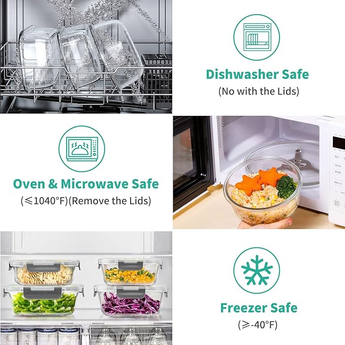 34pcs Glass Food Storage Containers with Lids Set, Airtight Glass Meal Prep Containers (17 Containers & 17 Lids), Leak Proof Lunch Containers BPA-Free, Microwave, Oven, Freezer, Dishwasher Safe-Grey