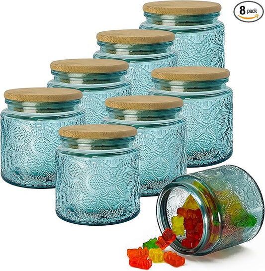 12 oz Decorative Glass Storage Jars with Airtight Bamboo Lids - 8 Pack Blue - Sunflower Embossed Spice, Candle & Home Organizer Set