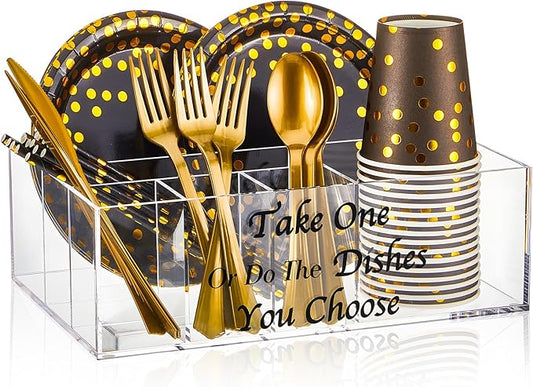 Hushee Utensil Holder Silverware Caddy Acrylic Paper Plate Dispenser Holders for Napkins Flatware Spoon Fork Knife with 6 Compartments for Party Camping Picnic(Funny)