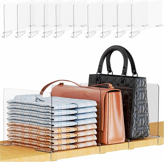 Yieach 10 Pack Adjustable Height Acrylic Shelf Dividers for Closet Organization,Clear Closet Shelf Dividers for Shelves,Vertical Closet Shelf Separators in Closet for Towel,Bag,Purse,Sweater,Bookshelf
