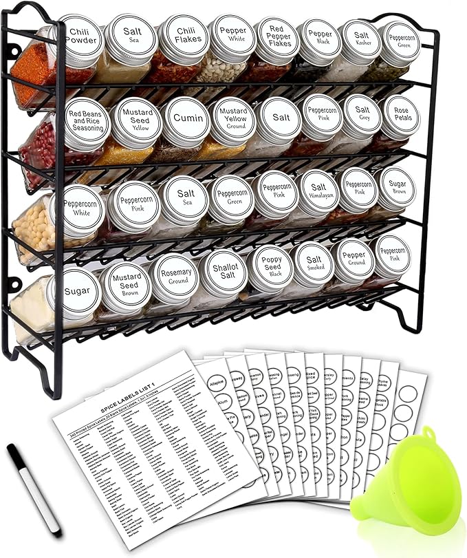 SWOMMOLY Spice Rack Organizer with 32 Empty Square Glass Spice Jars, 386 White Spice Labels with Chalk Marker and Funnel Complete Set, Seasoning Organizer for Countertop, Cabinet or Wall Mount