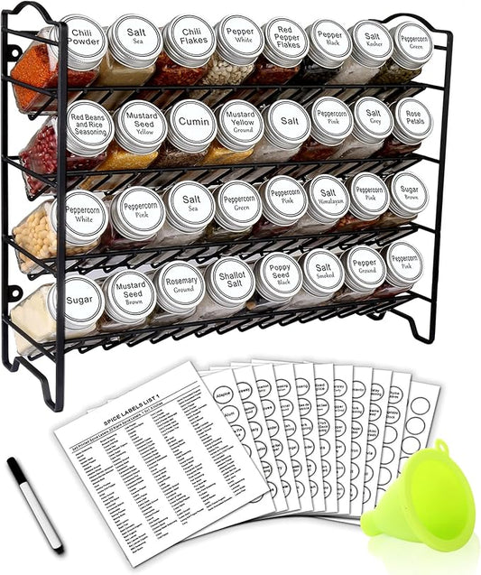 SWOMMOLY Spice Rack Organizer with 32 Empty Square Glass Spice Jars, 386 White Spice Labels with Chalk Marker and Funnel Complete Set, Seasoning Organizer for Countertop, Cabinet or Wall Mount