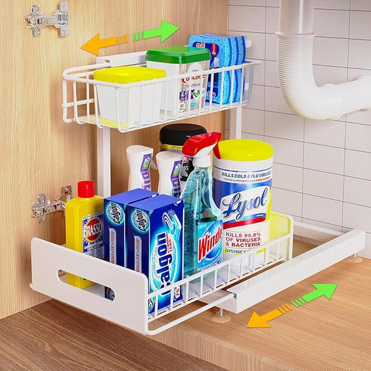 Under Sink Organizer,Pull Out Cabinet Organizer 2 Tier Slide Out Sink Shelf Cabinet Organizer and Storage,Adjustable Metal Under Counter Organizer for Kitchen Bathroom Organization White