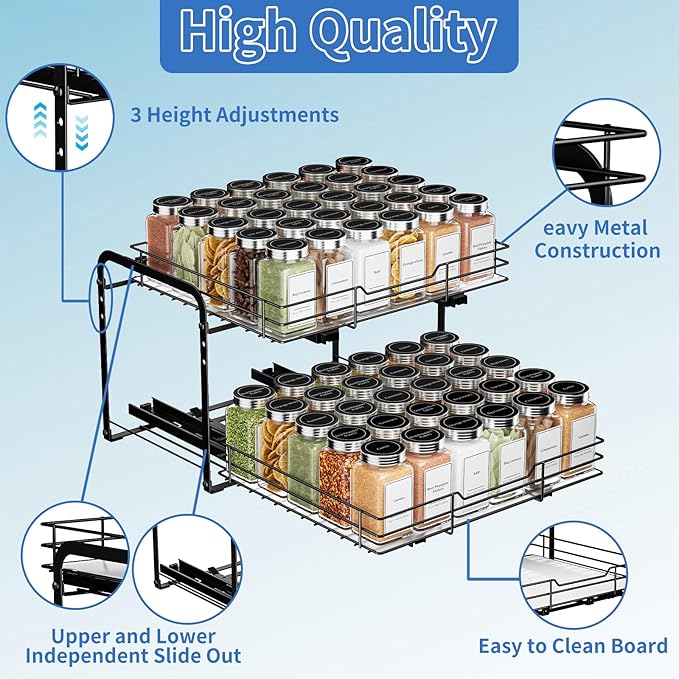 2-Tier Pull Out Spice Rack Organizer for Cabinet, Spice Rack Organizer, Height Adjustable Heavy Duty Metal Basket for Inside Cabinets & Pantry (13.5''Wx10.5''Dx9.5''H)