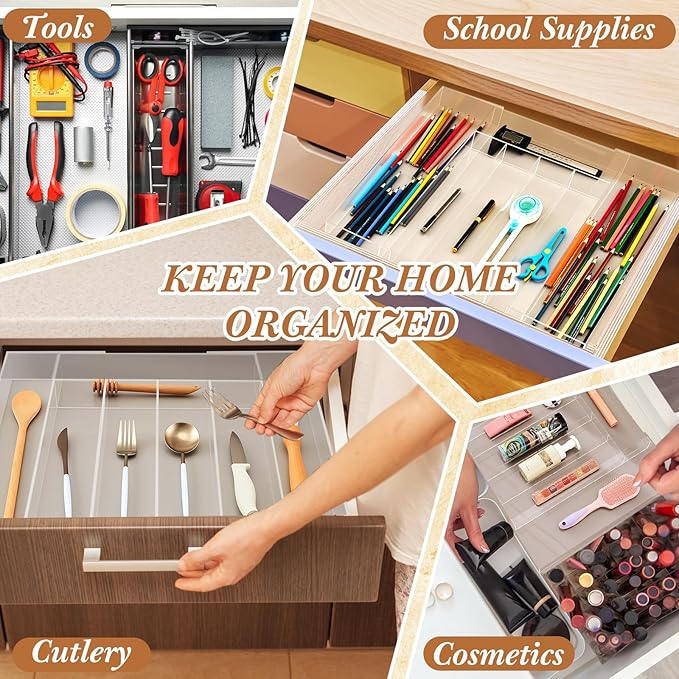 Expandable Kitchen Drawer Organizer Clear Acrylic Utensil Organizer Adjustable Acrylic Silverware Storage for Kitchen Drawers Silverware Flatware Knives (5-7 Compartments)