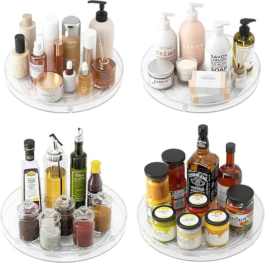 4 Pack Clear Lazy Susan Organizer, 11in Rotating Turntable Organizer, Cabinet Turntable Organizer, Rotating Lazy Susan for Kitchen, Fridge, Bathroom, Vanity Countertop