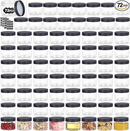 72pcs 4 oz Plastic Containers with Lids Pen Labels Leak Proof BPA Free Airtight Refillable Clear Small Containers Storage Jars for Storing Dry Food Makeup Slime Honey Jam,black