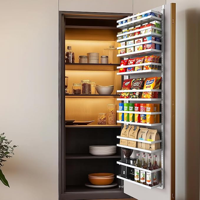 8-Tier-Over-the-Door-Pantry-Organizer W/ Adjustable Basket&Fence,Large Wall Mount Spice Rack Organizer, Hanging Spice Seasoning Shelf Organization For Kitchen Cabinet Door, Bathroom Door Storage