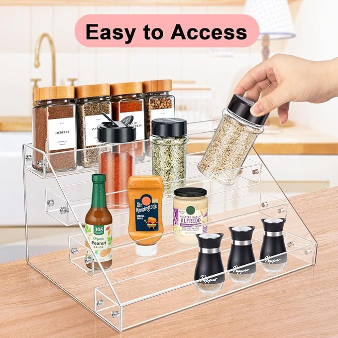 Vowcarol 4-Tier Spice Rack Organizer, Seasoning Organizer, Clear Acrylic Vertical Spicer Holder Shelves for Countertop, Cabinet, Pantry, Kitchen Organization