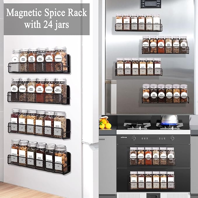 Churboro Magnetic Spice Rack for Refrigerator with Spice Jars- Includes 24 Pcs 4 OZ Seasoning Containers with Labels, 4 Space-Saving Magnetic Shelf for fridge- Perfect for Small Kitchens, Apartments