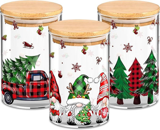 3 Pack Christmas Glass Storage Jars With Airtight Bamboo Lid Gnome Red Truck Canister Sets for Kitchen Countertop Decor Cookie Jars Candy Containers