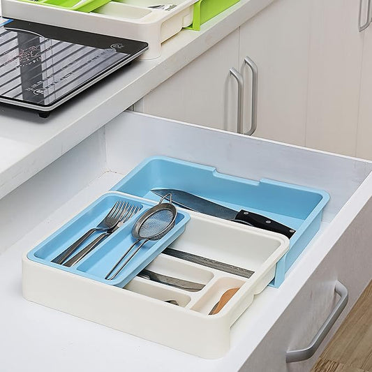 HornTide 3-in-1 Cutlery Tray Expandable Utensils Holder Plastic Kitchen Drawer Organizer for Silverware Storage and More - Blue