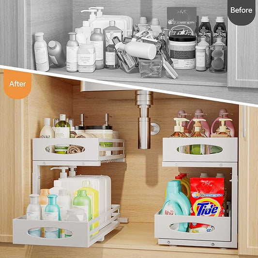 Under Sink Organizer, Pull Out Cabinet Organizers, Slide Sink Steel Shelf Cabinet Storage Shelves, Under Sink Storage for Kitchen Bathroom Cabinet (White, 1 Pack)