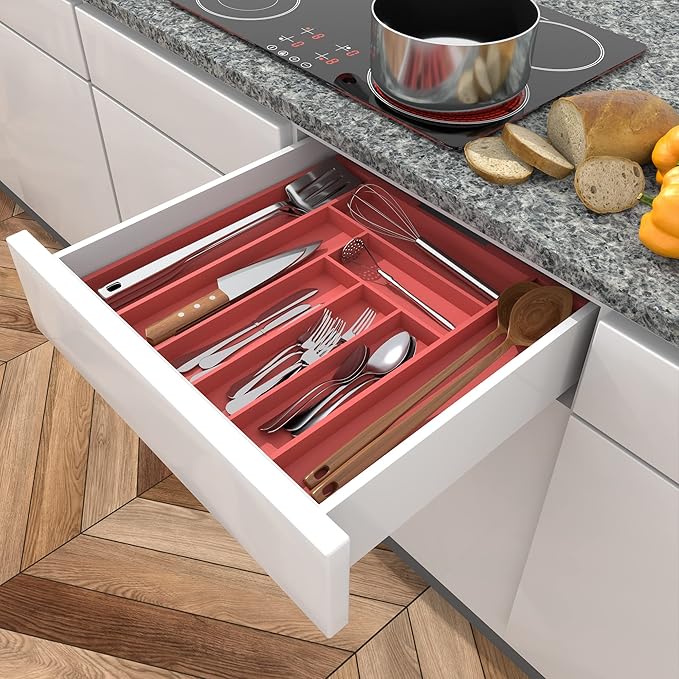 Utopia Kitchen Silverware Organizer, Expandable Bamboo Utensil Drawer Organizer, Kitchen Drawer Organizer, Silverware Organizer for Cutlery, Utensils, Flatware Holder (6-8 Slots, Coral) Pack of 1