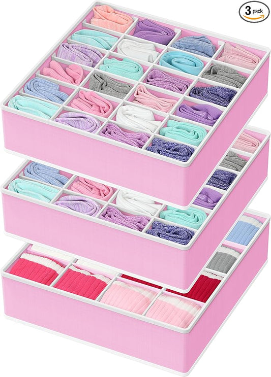 Simple Houseware Sock Drawer Organizer for Dresser/Closet/Bedroom, 3 Pack, Pink