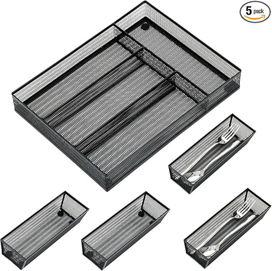 Drawer Organizer Set 5 Pack - 4-Compartment Silverware Organizer Tray + 4 Utensil Trays, Kitchen Drawer Organizer for Flatware, Cutlery, Office Supplies, Black Mesh, Non-Slip.