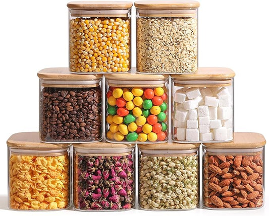 ComSaf 24oz Glass Food Storage Jars Set of 9, Clear Glass Storage Containers with Lids, Pantry Organization Jar, Spice, Blooming Tea, Oat, Coffee and Sugar Container, Small Canister Set for Kitchen