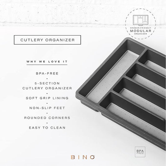 BINO | 5-Slot Silverware Organizer | Small - Grey Cutlery Tray Organizer | Silverware Storage for Drawer | BPA-Free Plastic Organizers with Soft-Grip Lining and Rounded Corners | Utensil Organizer