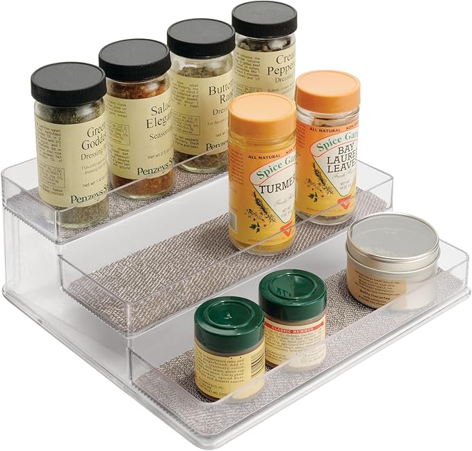 iDesign Twillo Plastic Stadium Spice Rack, 3-Tier Organizer for Kitchen Pantry, Cabinet, Countertops, Vanity, Office, Craft Room, 9.2" x 10" x 4", Metallico and Clear