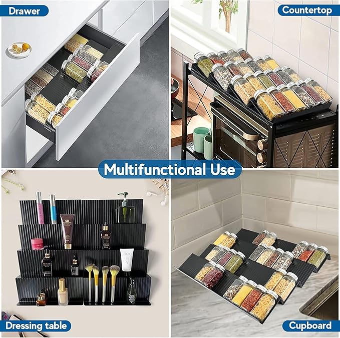 Spice Drawer Organizer,Spice Rack Drawer for Kitchen, 4 Tier Acrylic Drawer Spice Organizer for Jars and Packets,Expandable From 11" to 22" 8 Pack (black)